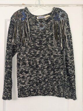 Vintage Mariea Kim Sweater with Floral Applique, Beads, and Shoulder Tassles - M